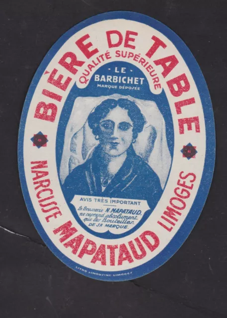 Ancienne étiquette alcool  France B113398 Bière Narcisse Mapataud Limoges Femme