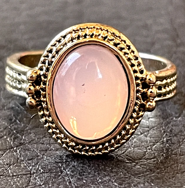Oval Pink Cabochon Glass Gold Tone Victorian Style Cocktail Ring Art Deco Sz 6.5