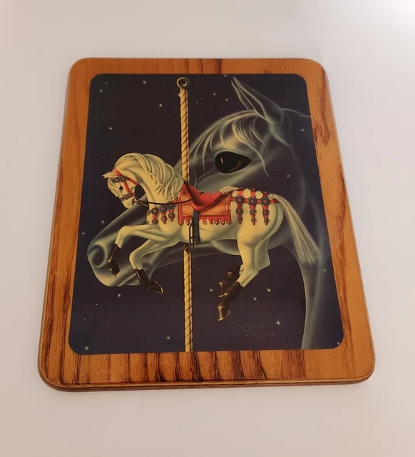 VTG 1984 80s Art Sue Dawe Carousel White Horse Wood Lacquered Wall Plaque
