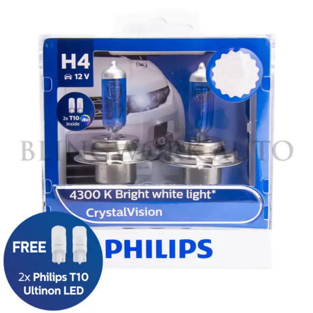 (FREE LED T10) Philips H4 Crystal Vision 4300K White Halogen Globe 12V 60/55W