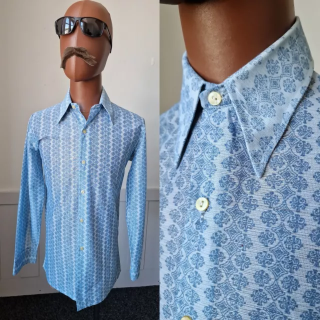 CAMICIA Vintage Anni 60 Motterning! Small | Blu Poliestere Mod Psych ZE04