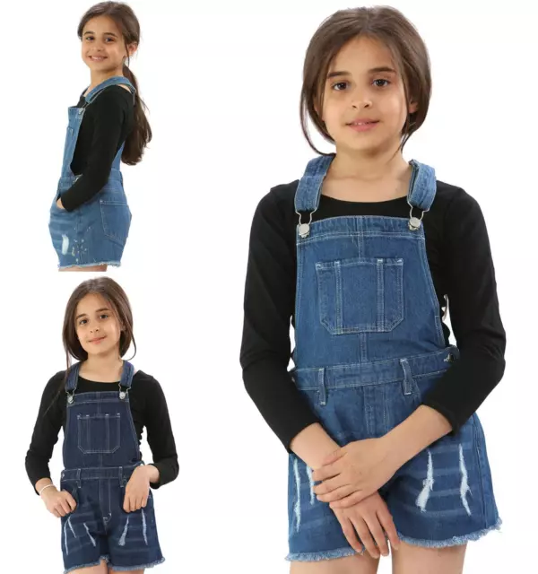 Kids Girls Denim Dungaree Jumpsuit Playsuit Stretch Jeans Short Dress 8-14 Years