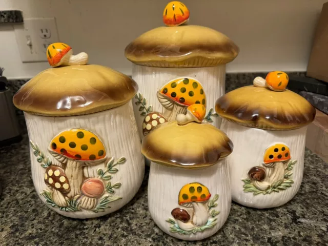 Sears Roebuck and Co. Merry Mushroom 4-Piece Canister Set Vintage 1978