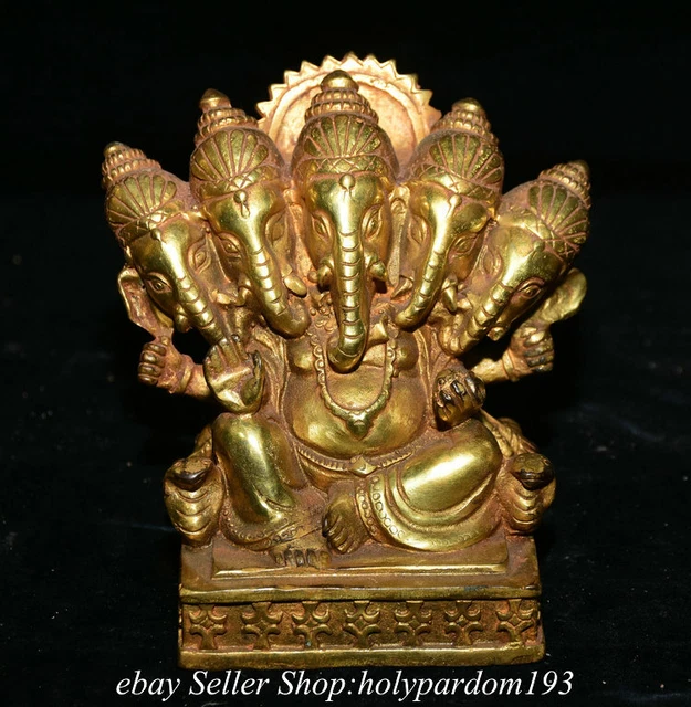 5.8" Old Chinese Bronze Gilt Ganesh Lord Ganesha Elephant God Buddha Sculpture