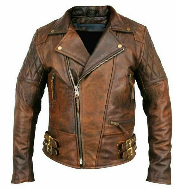 Veste de moto vintage en cuir noir pour homme - Taille L