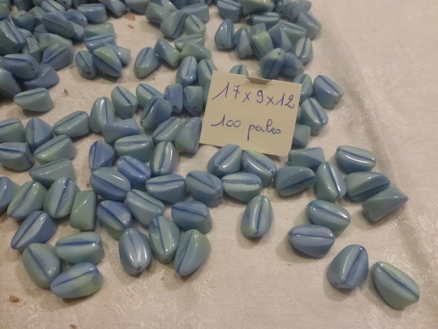 Lot De 100 Perles Berlingot En Verre Tchèque Vintage, Bleu Rayé - Ancien Stock, Idéal Pour Créations Bijoux