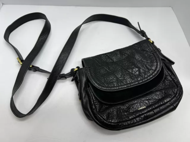 Fossil Women’s Peyton Leather Black Crossbody Bag Purse Dual Pockets Adjustable