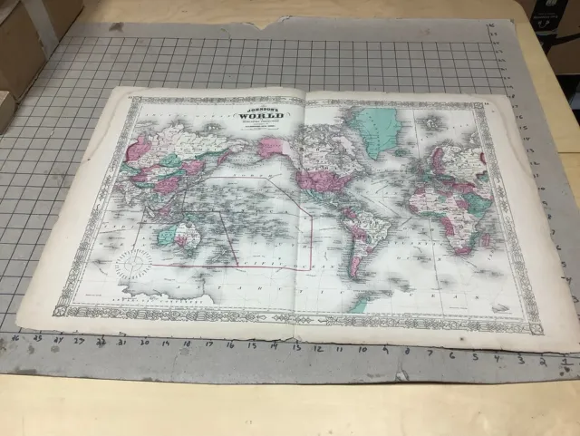 Original 1865 WORLD Antique hand colored JOHNSON's MAP 26.5 X 18"