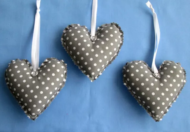 3x LARGE DARK GREY WHITE DOTTY HANDMADE SHABBY CHIC HANGING FABRIC HEARTS