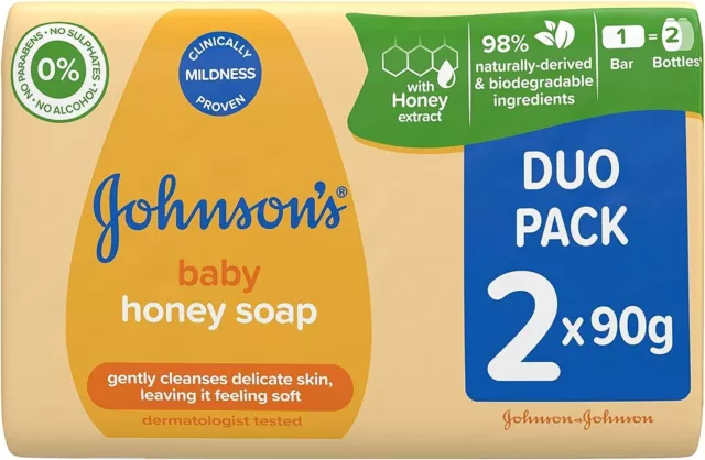 2 X Johnson's Baby Honey Soap Duo Packs (2 Soaps) 90g each