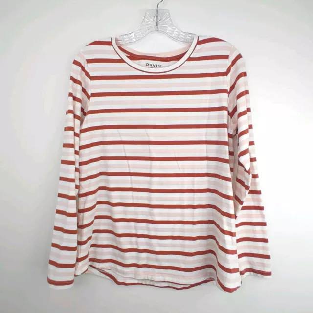 Orvis Perfect Tee Striped Long Sleeve Top Size XL Pink/White/Brown