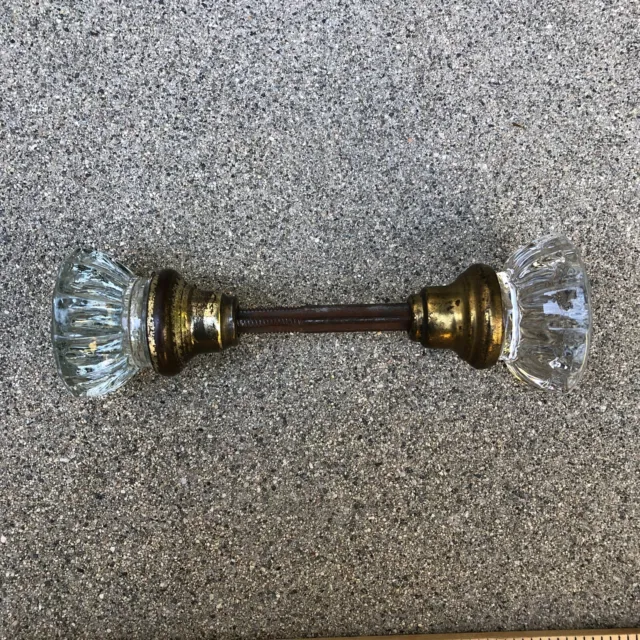 Vintage Antique Crystal 12 Point Door Knob Set Brass Clear Glass 2"/1.75" Dia