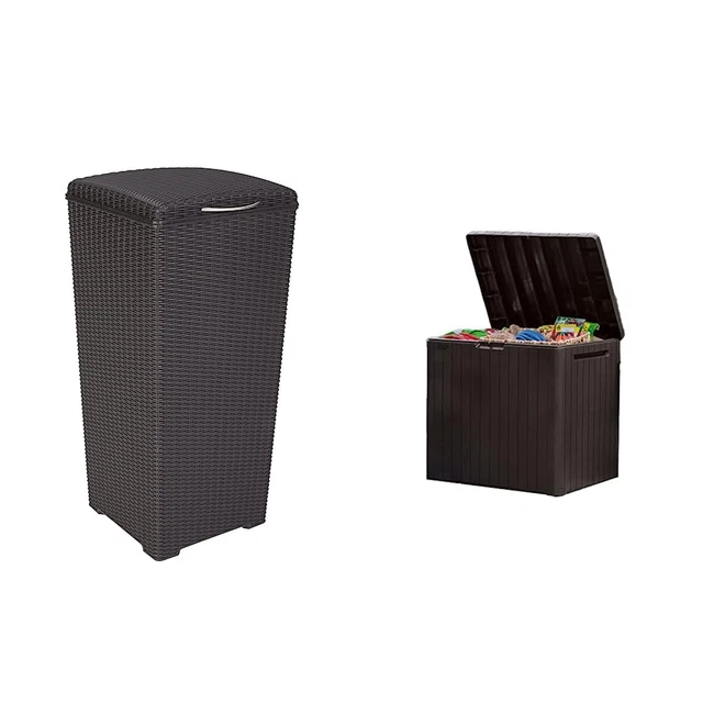 PACIFIC 33 GALLON Resin Rattan Large Outdoor Trash Can with Lid, Brown