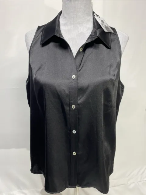 Sincerely Jules Women’s XL Top Blouse Black Sleeveless Collared Satin Button Up