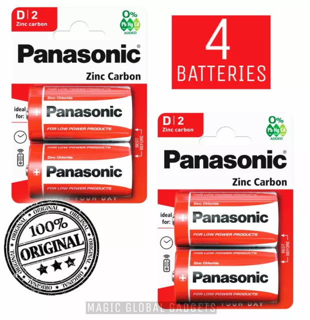 Genuine 4 X Panasonic Zinc D Size Carbon Batteries R20 1.5V Expiry Mn1300 Lr20