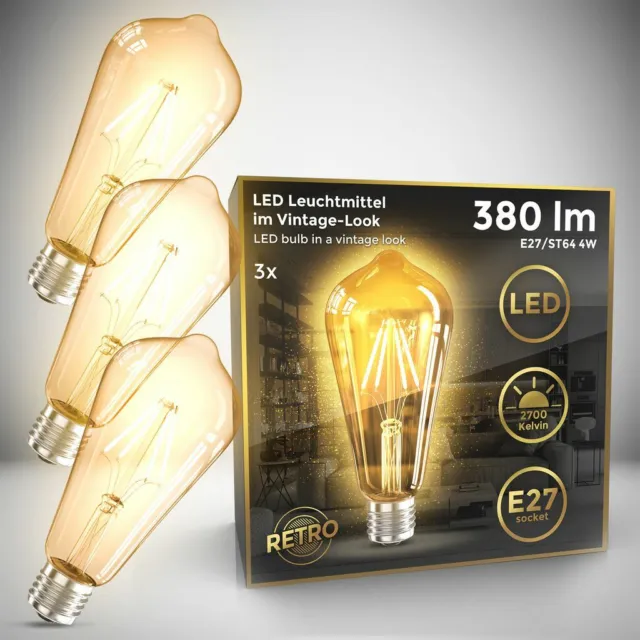 3x Retro LED Leuchtmittel E27 Filament Edison Lampe Glühbirne ST64 4W warmweiß