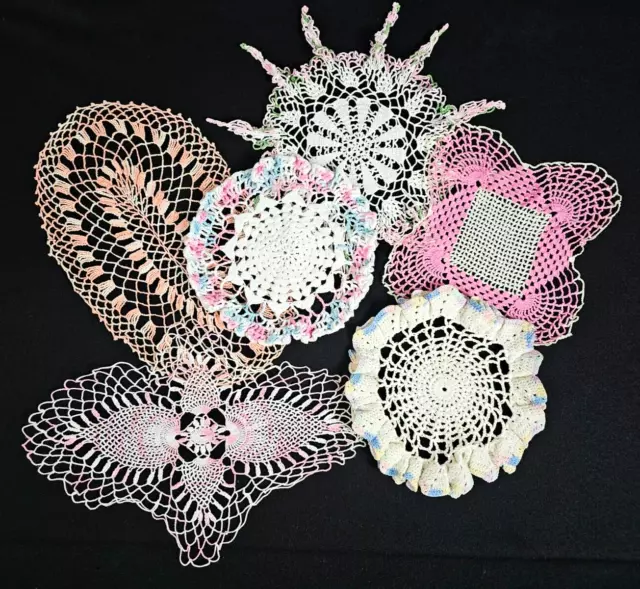 6 VINTAGE DRESSER Scarves Doilies Handmade Crocheted Pink White Blue ...