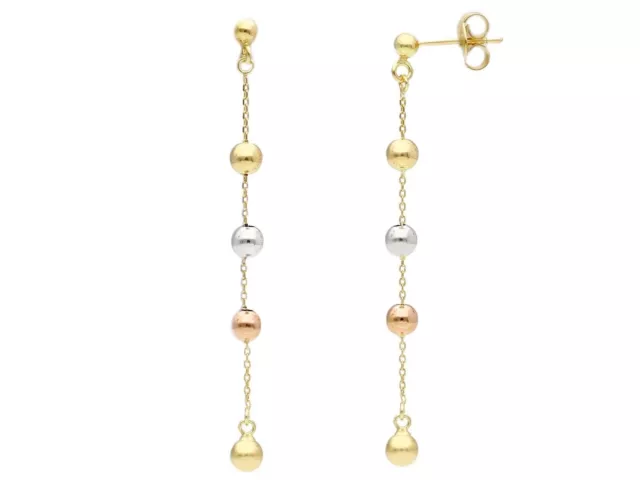 Orecchini Pendenti Oro Giallo, Bianco E Rosa 18K, Con Sfere 4 Mm, Lunghezza 55Mm