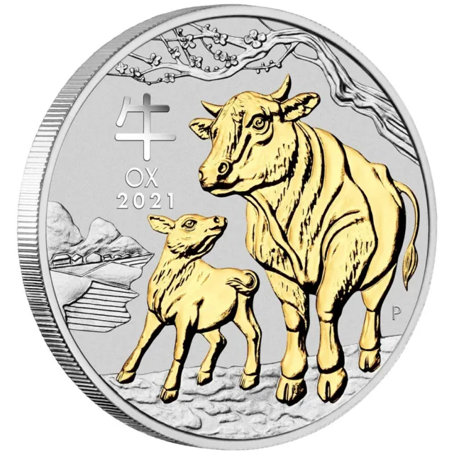 2021 $1 Year of the Ox 1oz Silver Gilded Coin by Perth Mint