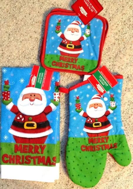 Santa Claus Christmas Oven Mitt Towel Pot Holder Hot Pad 4 Pc Kitchen Set