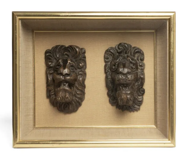 Two Antique Carved Oak Lion Mask Heads 17th/18th Century in Glass Fronted Case 2