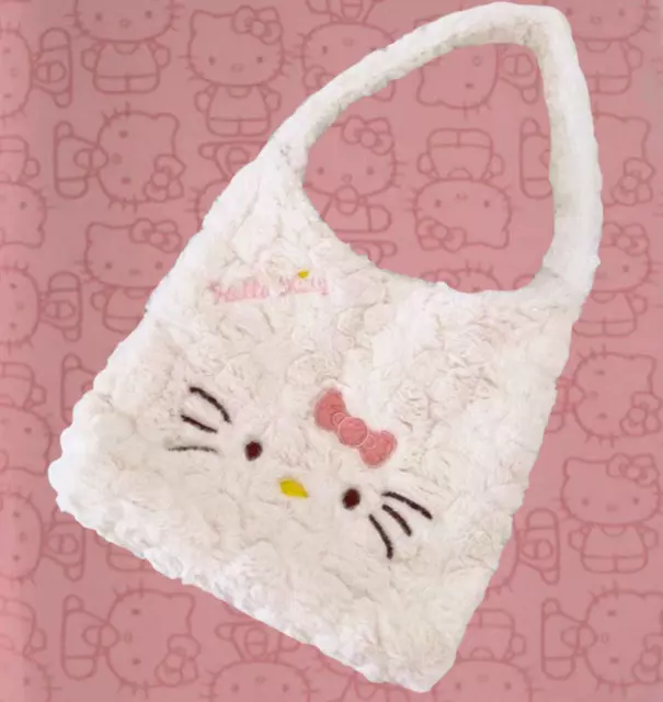 Hello Kitty Japan Fluffy Plush Shoulder Bag Faux Wool KT Face Womens Large Tote
