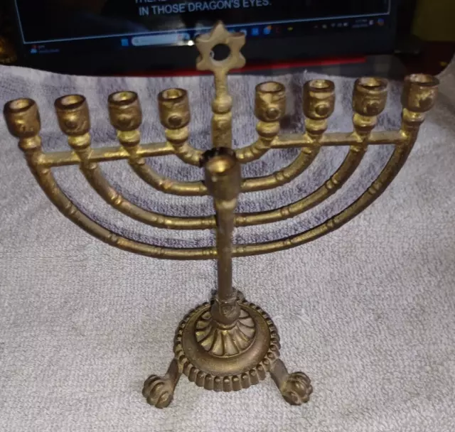 Vintage  Brass Hanukkah Menorah Candle Holder Star of David 9 branch 7 inch