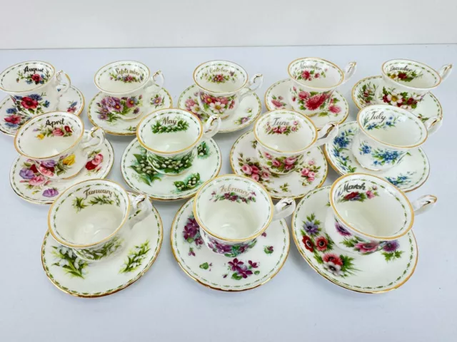 Vintage Royal Albert FLOWERS OF THE MONTH Series of 12 Miniature Cups & Saucers