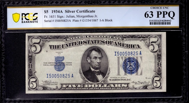 1934 A $5 Silver Certificate Note Currency Fr.1651 Ia Block Pcgs B Cu 63 Ppq