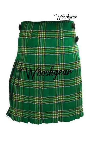 Kilt tartan a quadretti verde irlandese da uomo 8 iarde 16 once con 3 cinturini in pelle, Uk32. 2