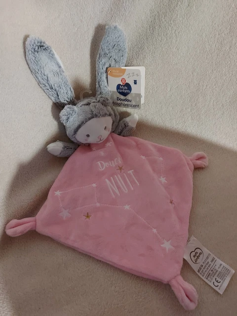 Doudou Plat MOTS D'ENFANTS Ours Déguisé en Lapin Rose Blanc Gris Douce Nuit neuf