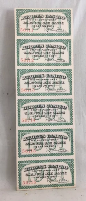 (6) Great Orig. 1901 Uncut Rhodes Casino Pawtuxet RI Dance Ticket Coupons