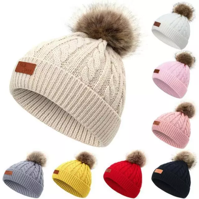 Baby Toddler Kids Warm Knitted Fur Pom Boy Girls Beanie Cap Winter Bobble Hat AU 3