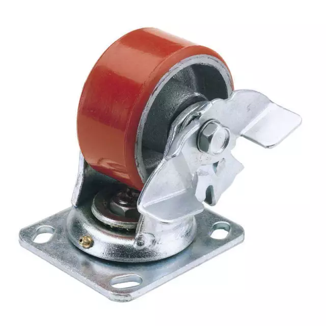 Draper Swivel Plate Fixing Heavy Duty Polyurethane Wheel with Brake, 200mm Diame