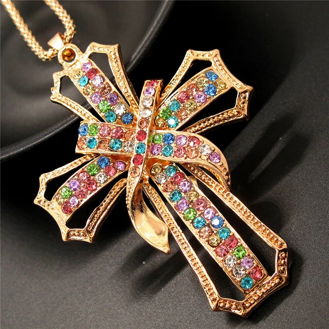 Betsey Johnson Colored Rhinestone Cross Bling Crystal Pendant Chain Necklace