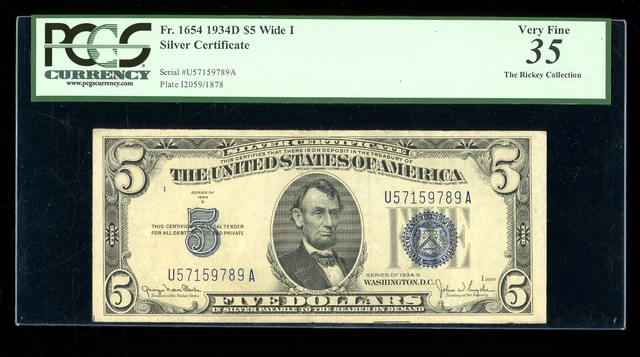 DBR 1934-D $5 Silver Fr. 1654Wi Wide I UA Block PCGS 35 Serial U57159789A