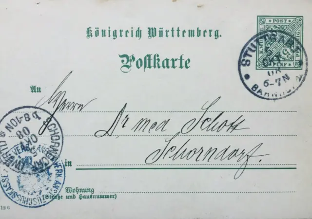 Württemberg 1908 Postkarte Ganzsache Dienst Bahnhof Stuttgart - Schorndorf gest.