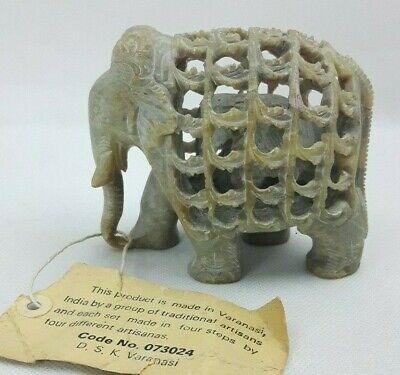 Varanasi Soft Stone 8.5cm Elephant With Baby Elephant Inside - Hand Carved India
