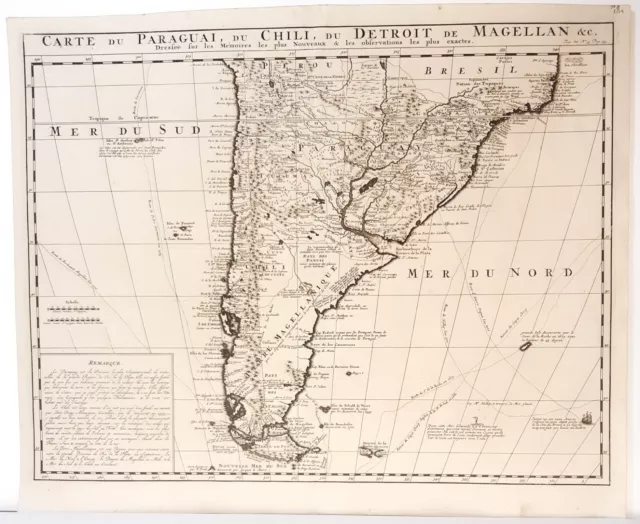 Antique map, Chatelain, Carte du Paraguai, du Chile, du Detroit de Magellan 1719