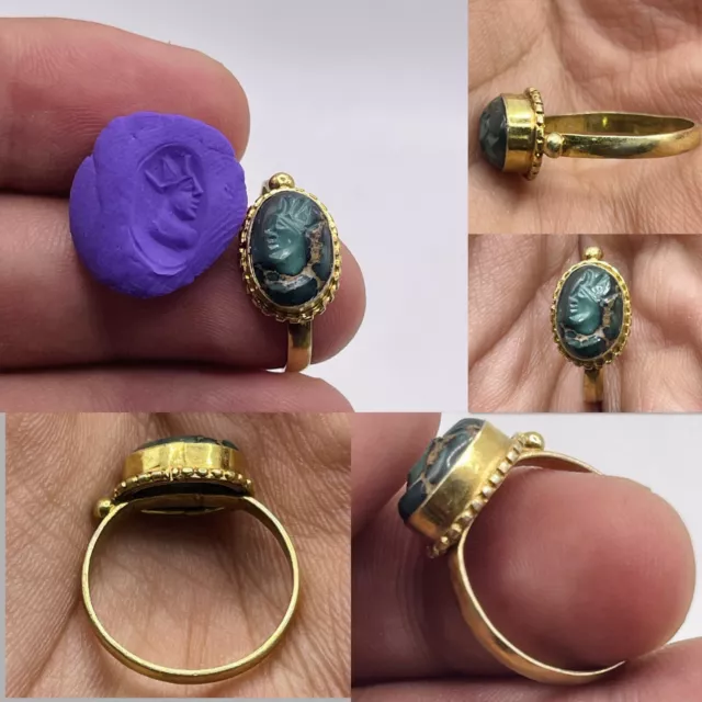 Superb Ancient Roman High Carat Gold Ring With Tourquies Intaglio King Depicted