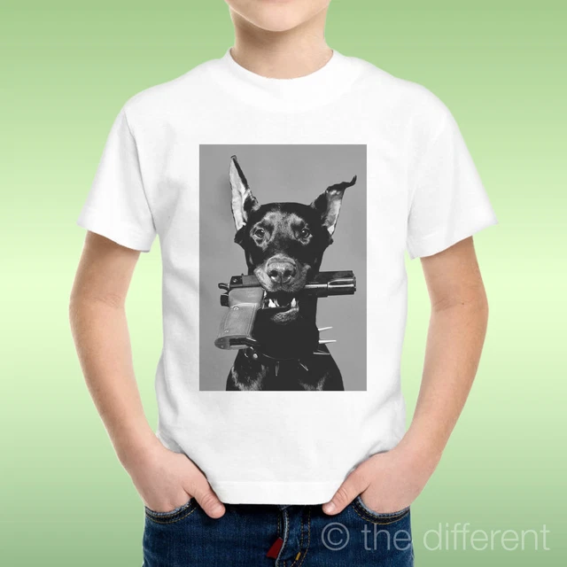 T-Shirt Enfant Garçon Date de Naissance Dobermann Pistolet En Bouche Idée Cadeau