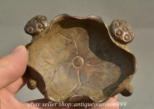 3.2” Old Chinese copper Carved lotus leaf semen nelumbinis copper inkstone