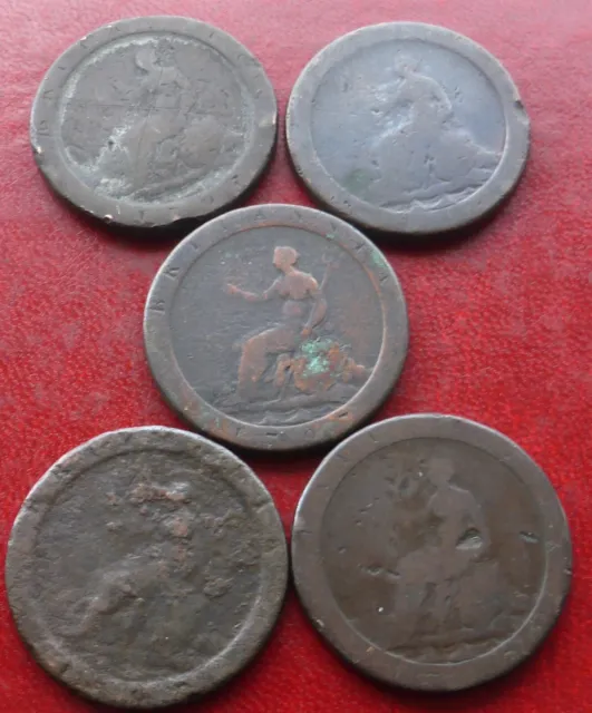 5 x 1797 KING GEORGE III GB CARTWHEEL ONE PENNY COINS  / LOT 557