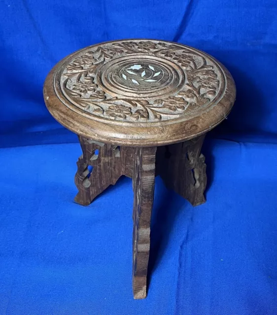 Hand Carved Sheesham Teak Wood Folding Table - Plant Stand w Flower Inlay India