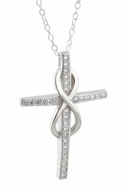 Infinity Cross Necklace -925 Sterling Silver- CZ Pendant Faith Forever Gift NEW