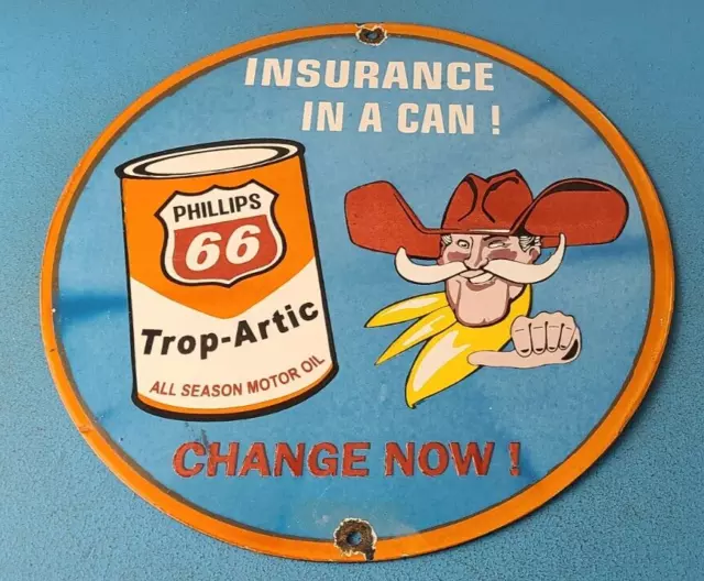 Vintage Phillips 66 Gasoline Sign - Porcelain Cowboy Gas Oil Pump Plate Sign