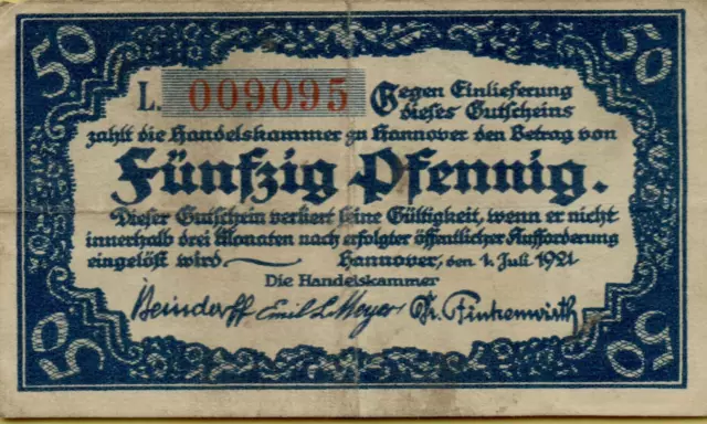 3324: Banknote Notgeldschein 50 Pfennig Handelskammer Hannover 1921