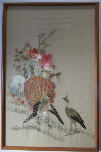 Large Early Antique Vintage Chinese Silk Floral Peacock Embroidery Framed