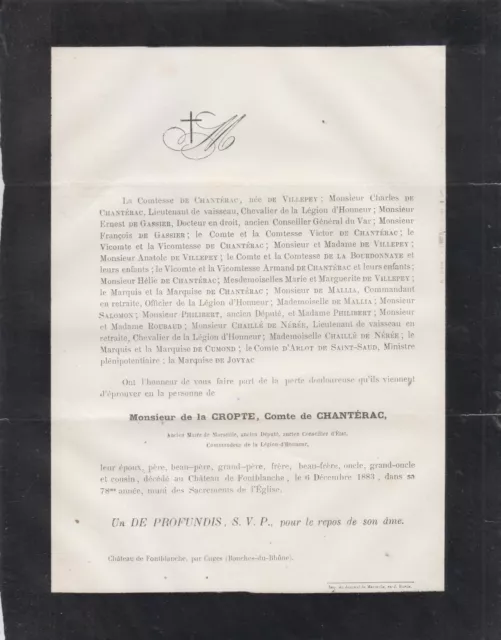 1883 Faire-part décès Bonaventure-Paul de LA CROPTE de CHANTÉRAC maire Marseille