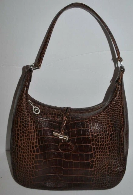 Longchamp Roseau Toggle Brown Croc Leather Hobo Shoulder Bag vintage
